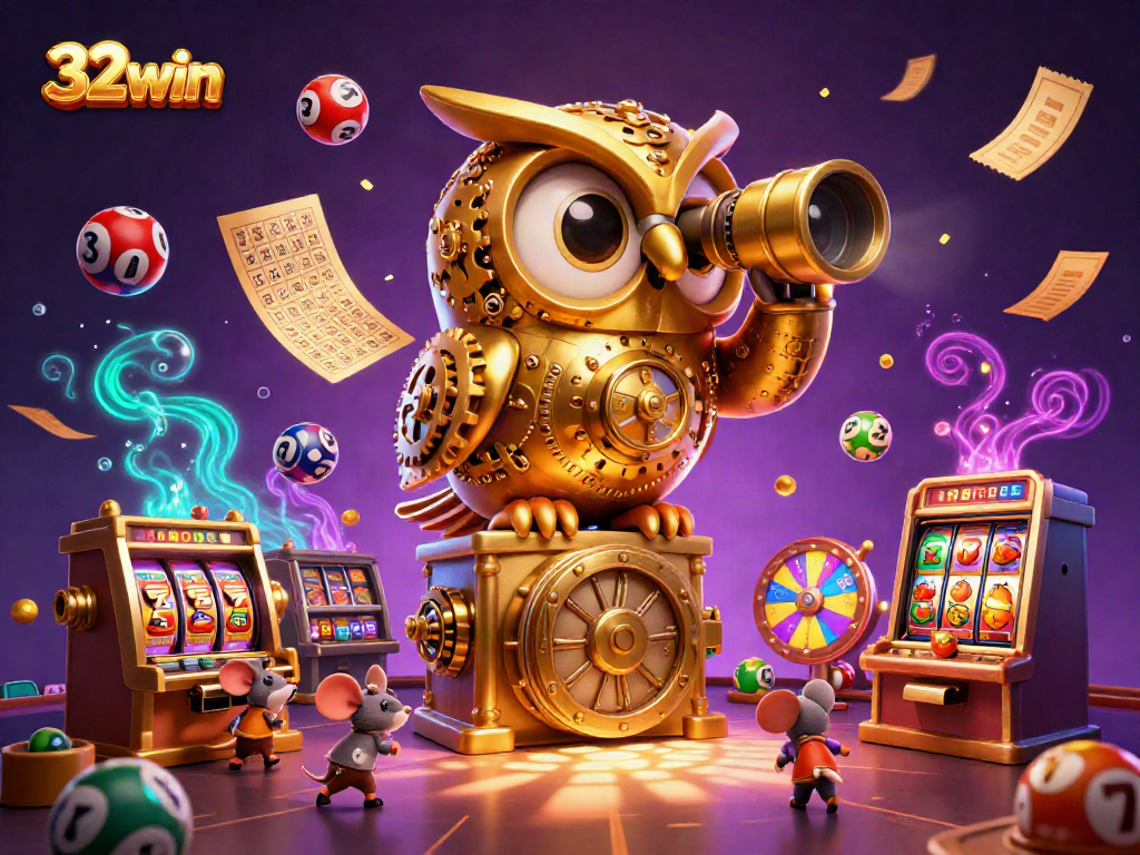 Experience gaming excitement with 32win's vibrant casino scene featuring a golden owl and dynamic lottery elements.