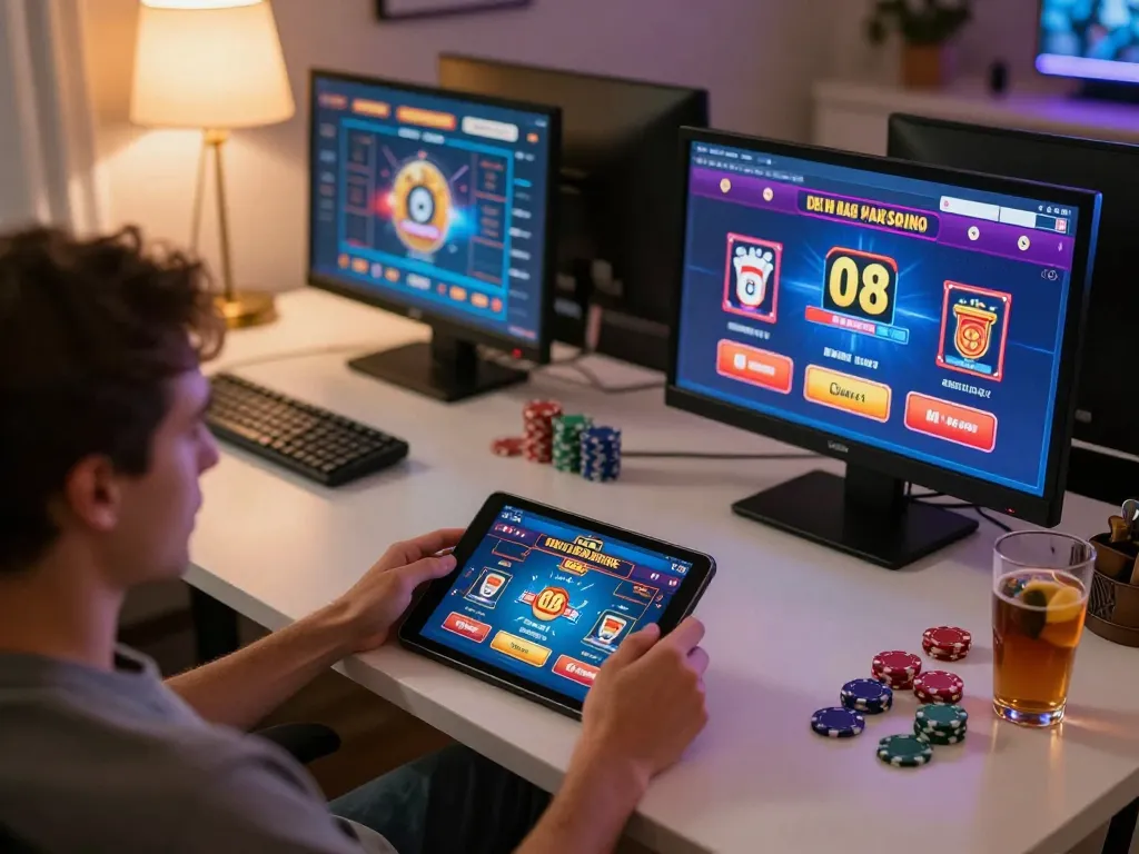 Player enjoying O8 hair casino games on tablet in cozy home setup, showcasing an engaging gambling experience.