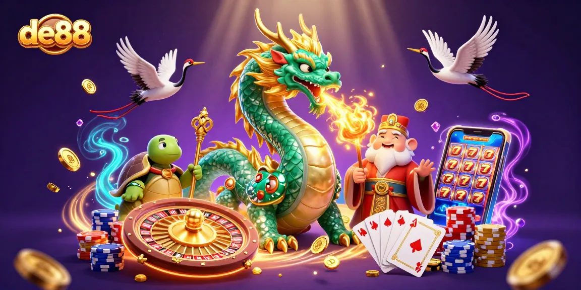 Experience de88's rich casino scene with dragons, turtles, and vibrant game elements.