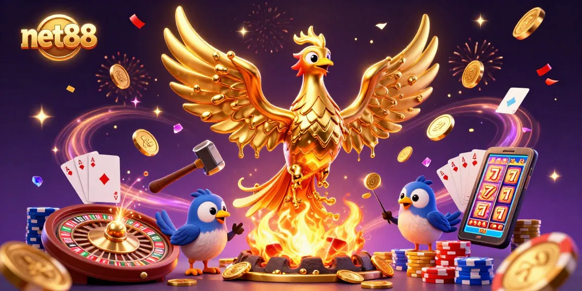 Engage with exciting casino visuals at net88, featuring a golden phoenix and vibrant gambling elements.