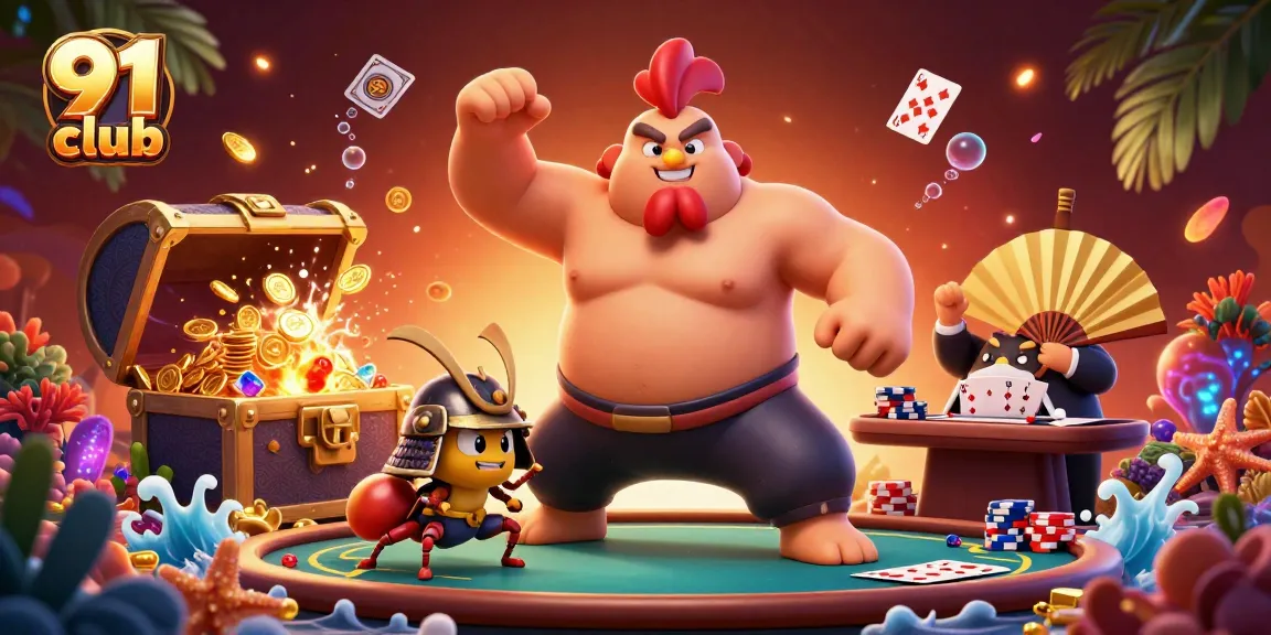 Experience thrilling games with 91 club in this vibrant, dynamic illustration featuring colorful casino elements.