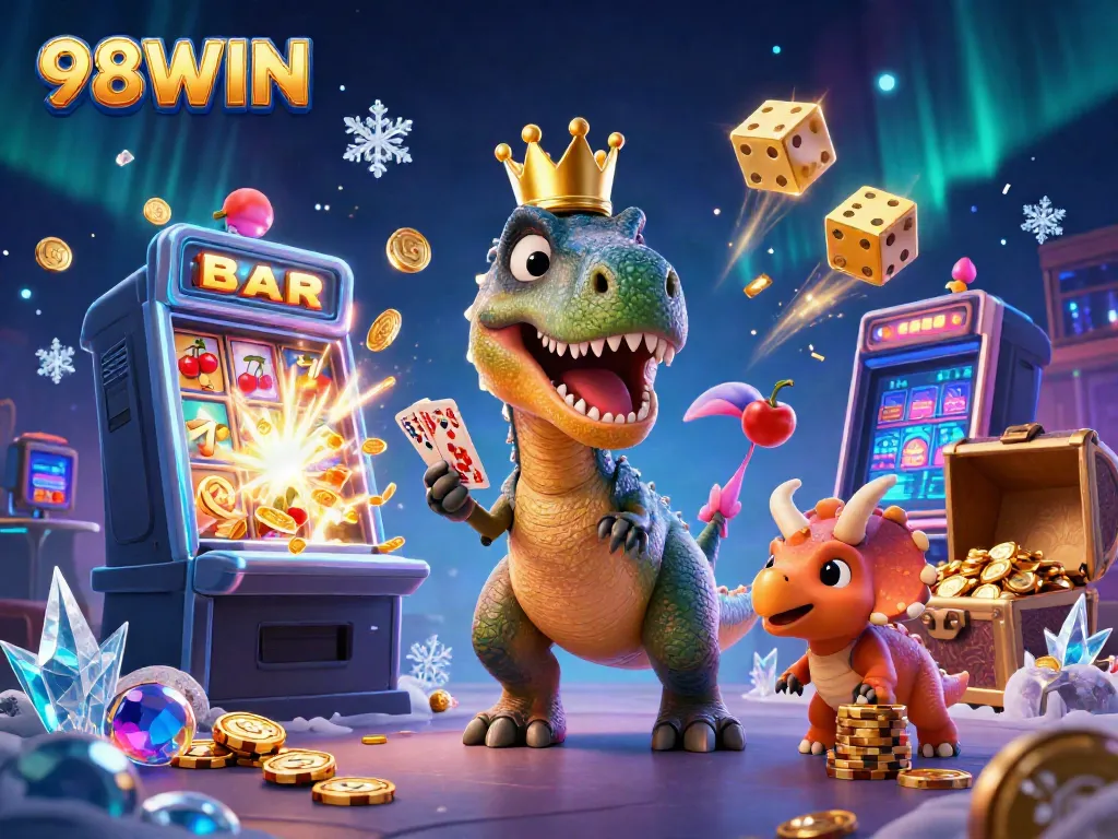 Experience 98WIN excitement with vibrant casino characters and dynamic game elements in a thrilling 3D scene.