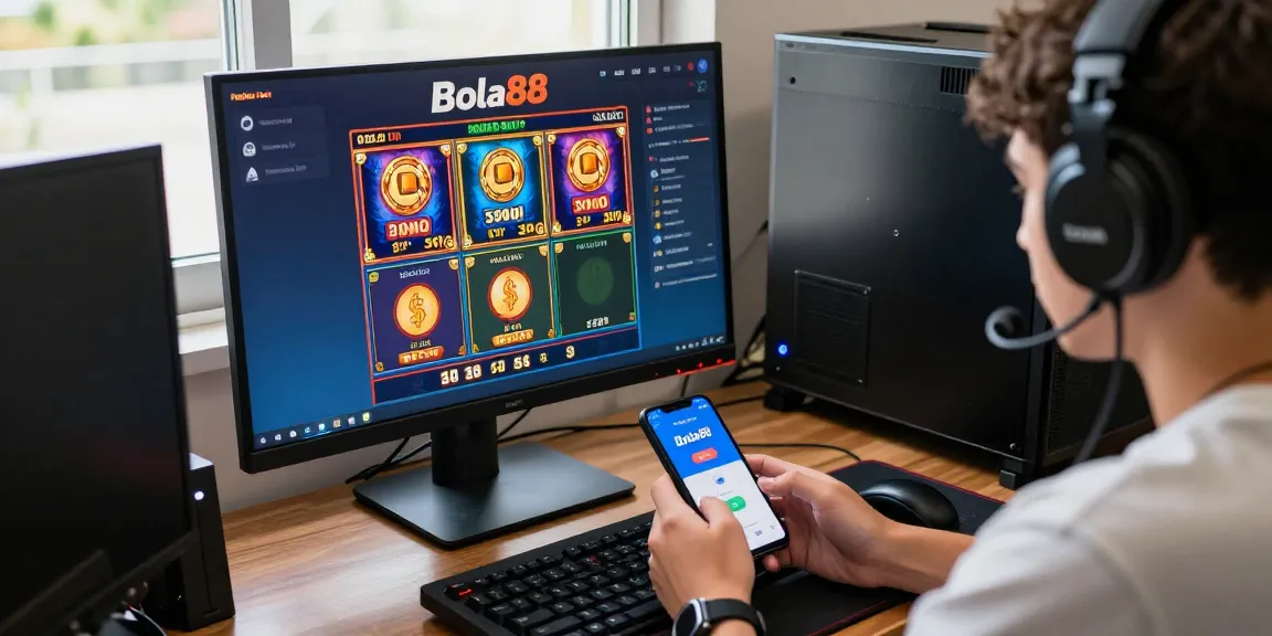 Withdraw Bola88 illustrated through a dynamic gaming scene with a player engaged in betting activities on a modern desktop setup.