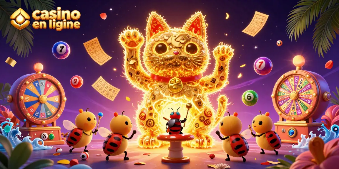 Jouez au casino en ligne avec le chat chanceux vibrant entouré de jeux dynamiques.