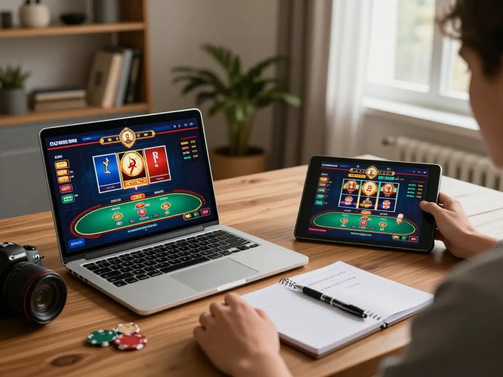 Player engaging in strategic gaming on qq8827 with multiple screens in a cozy home setup.