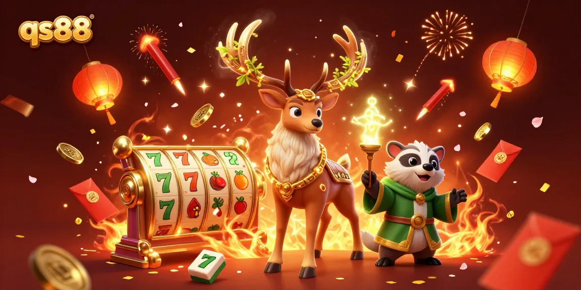 Spin to win with qs88! Engaging 3D scene featuring magical elements and lively casino activities.