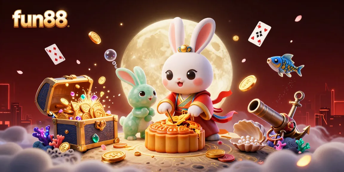 Win big at fun88 with a unique 3D casino scene featuring moon rabbits and poker chips!