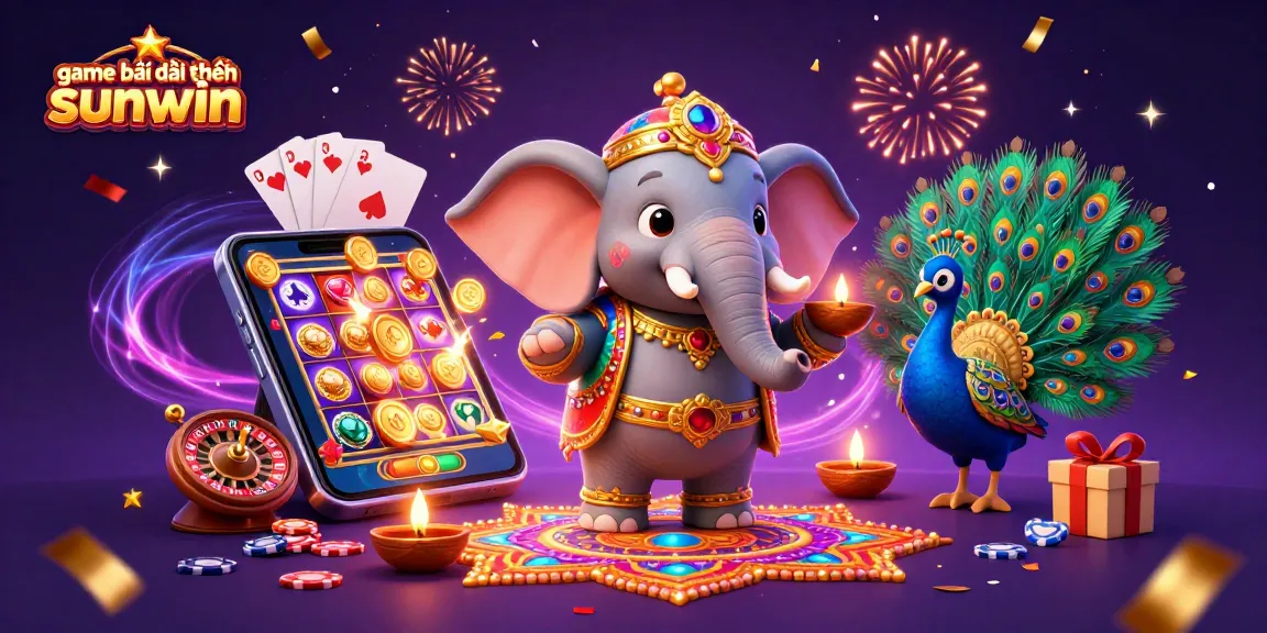 Engage in game bài đổi thưởng sunwin with a vibrant 3D illustration of an elephant, peacock, and casino elements.