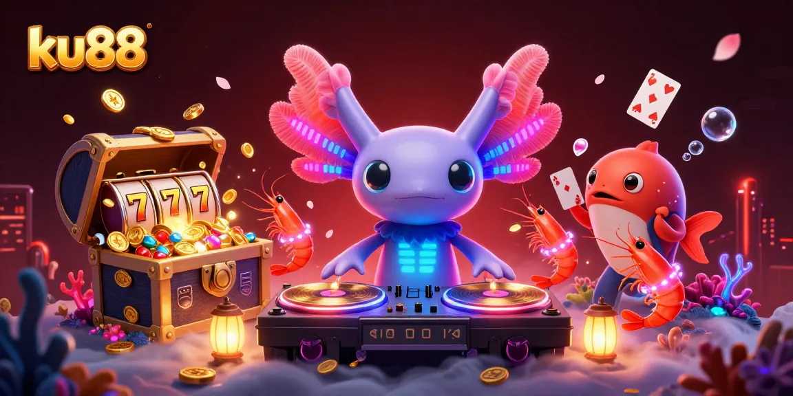 ku88 vibe with neon axolotl DJ spinning slots and gold coins in an energetic underwater scene