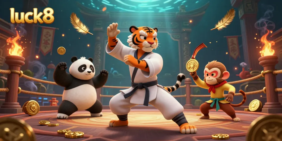 Engage in thrilling gaming with luck8 while a master tiger and panda practice poses amidst dynamic casino elements.