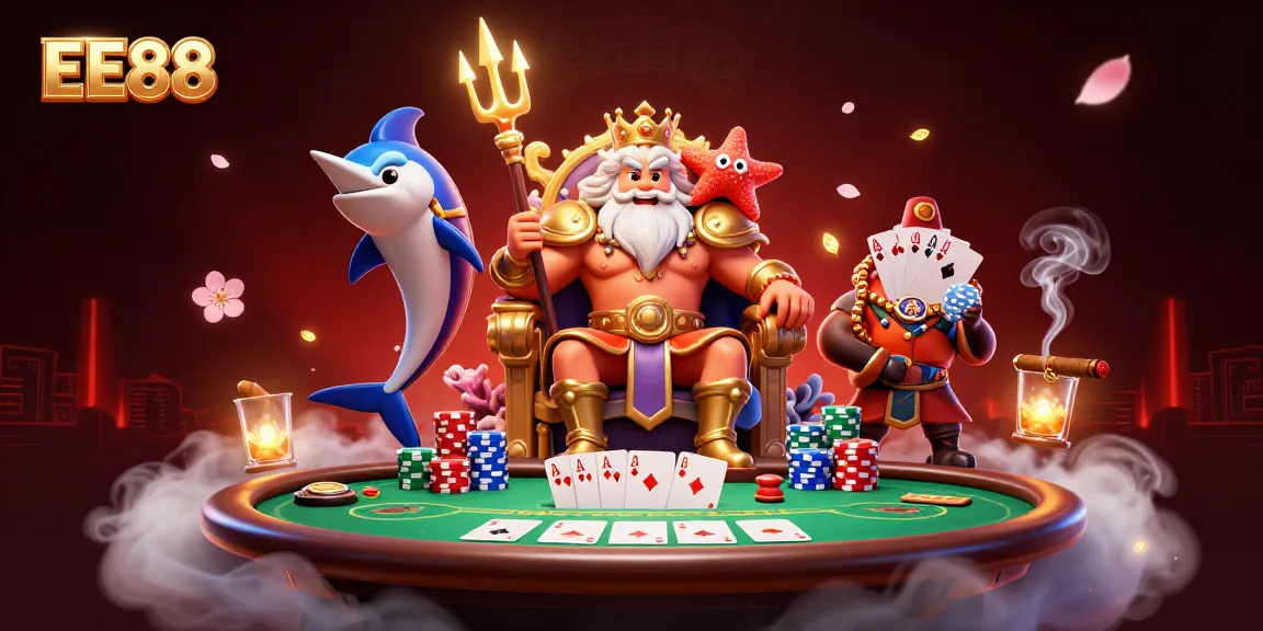 EE88 highlights an epic poker scene with King Neptune amidst vibrant casino elements.