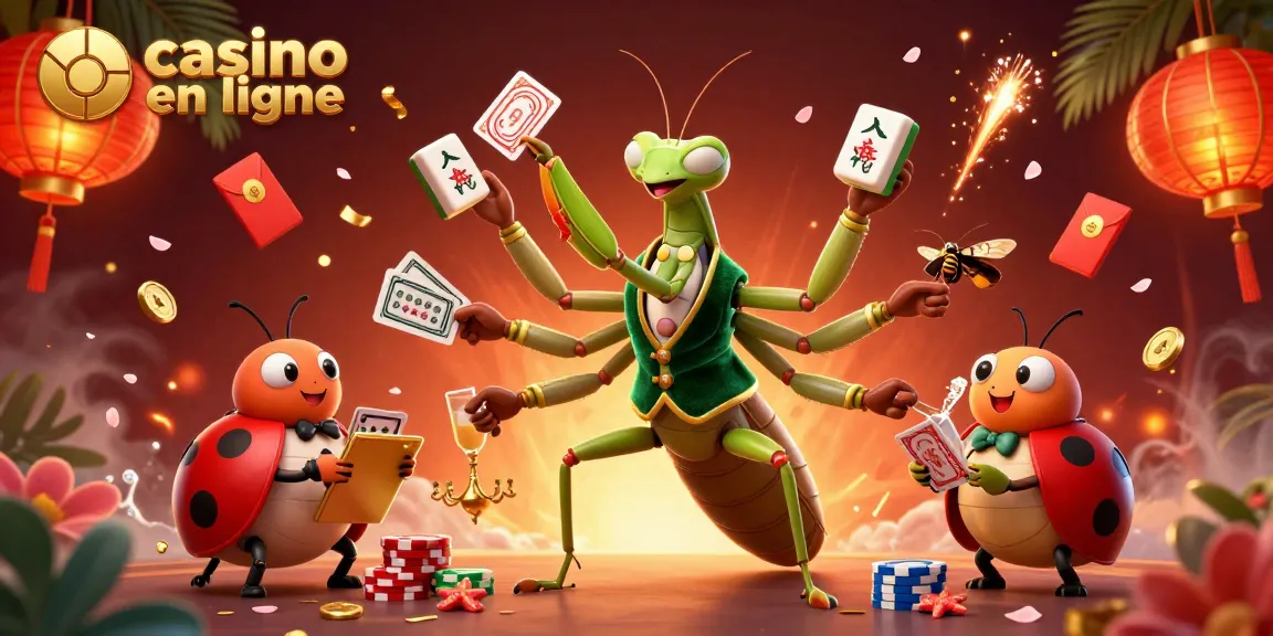 Illustrez votre expérience au casino en ligne avec un mante religieuse distribuant des cartes et des jetons.