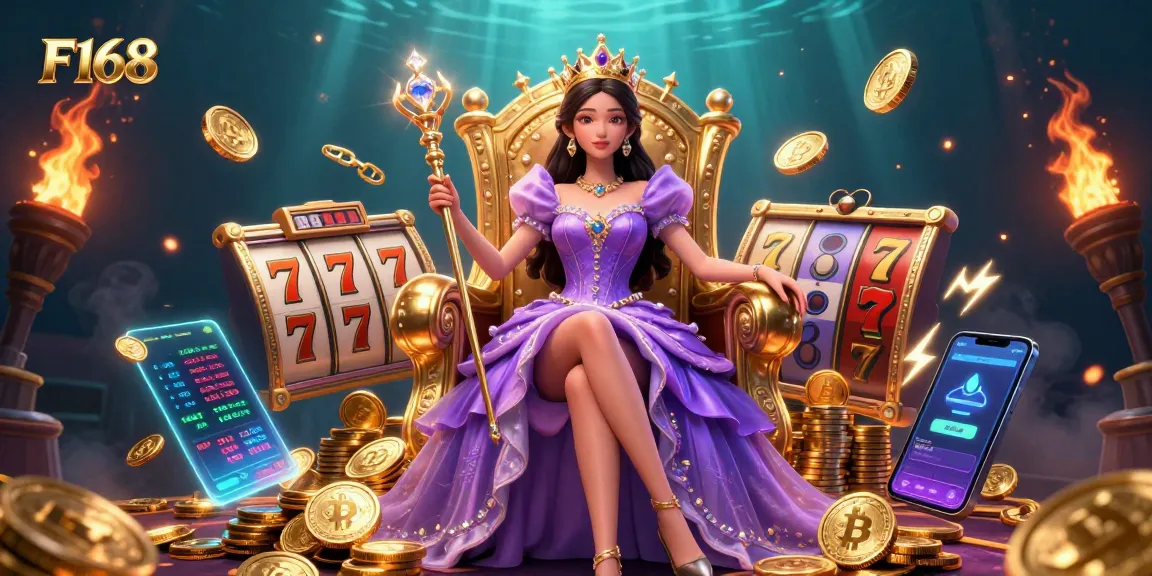 Bet and win with F168 in an immersive casino setting featuring golden tiara and slot machines.