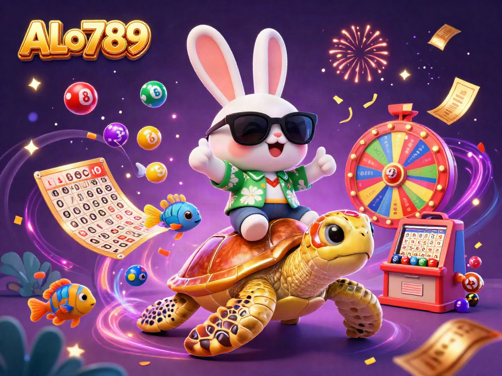 Join the excitement at ALo789 with our lively cartoon lucky rabbit and golden sea turtle illustration, featuring vibrant casino elements!