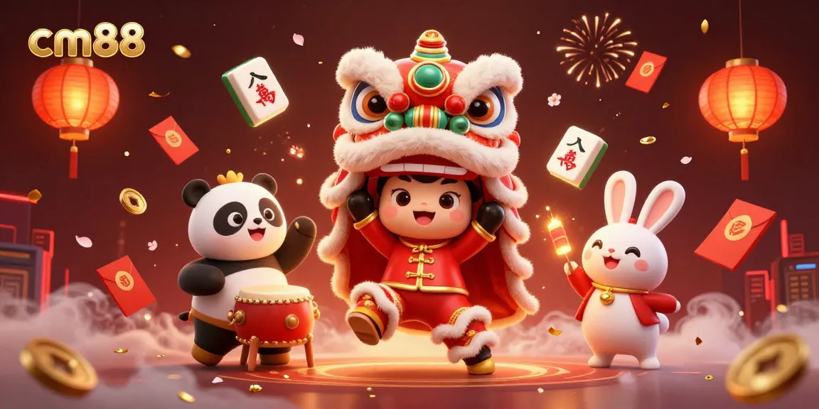 Experience the excitement of cm88 with a vibrant 3D illustration of a lion dance and festive elements.