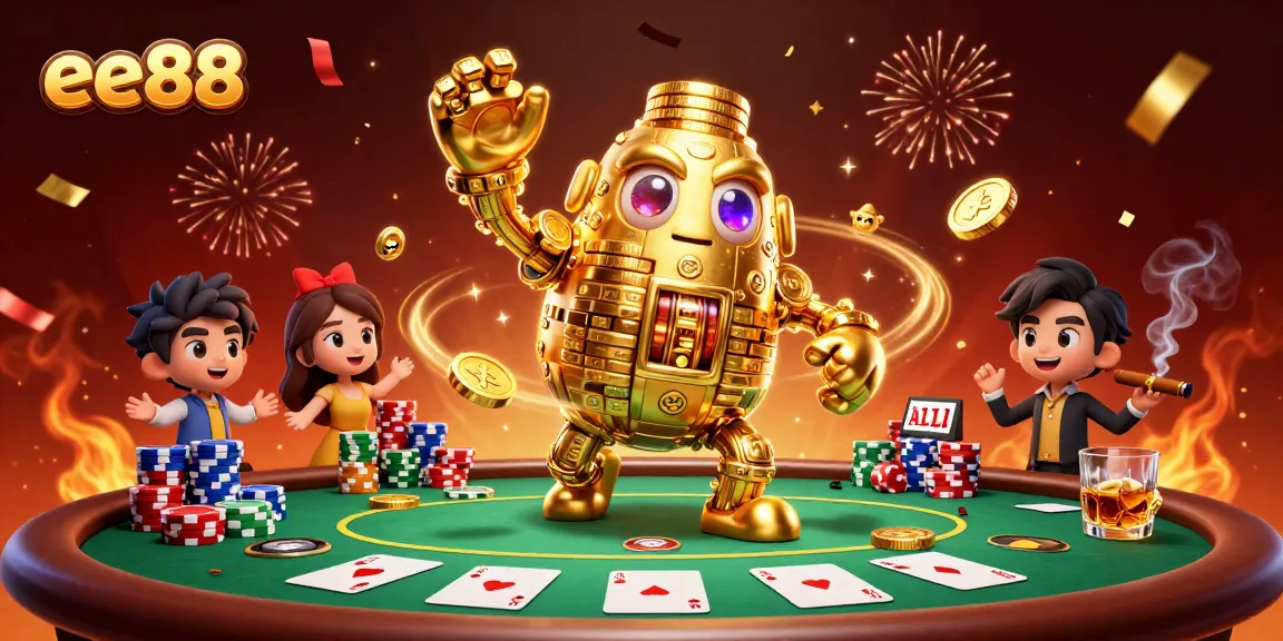 Experience thrilling action at ee88 with a golden golem surrounded by dynamic poker elements.