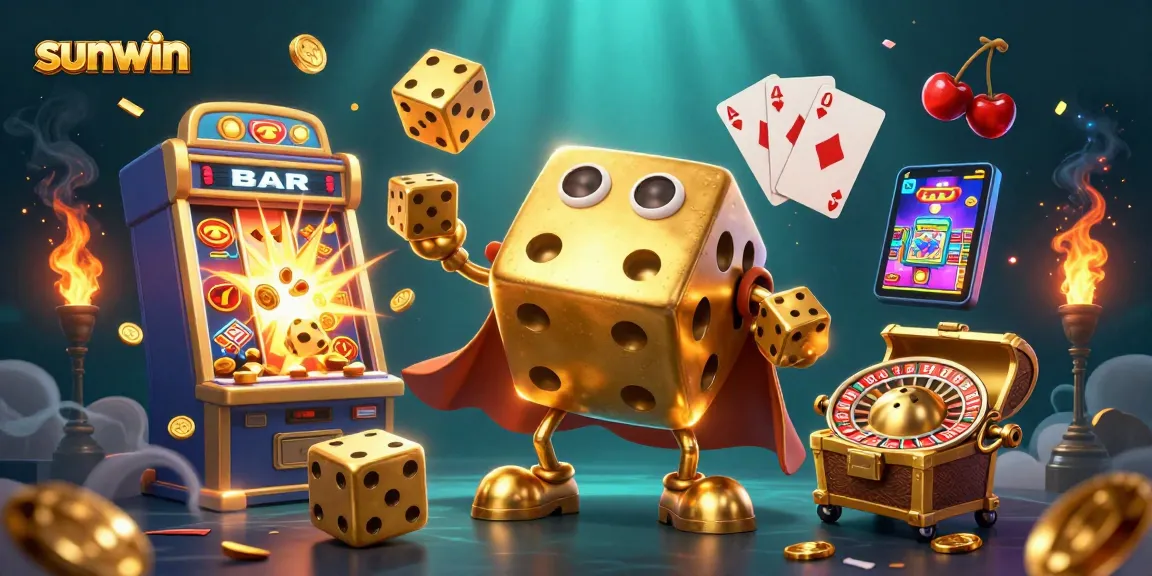 Unleash your luck with sunwin at a vibrant casino scene featuring golden dice, a slot machine, and a treasure chest!
