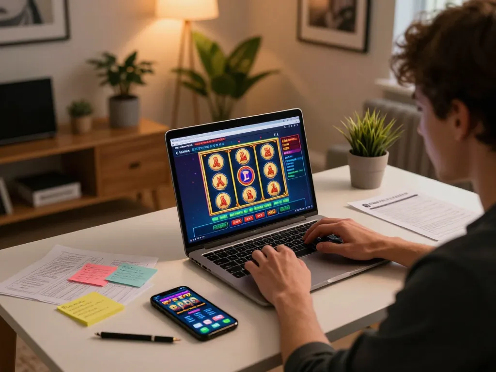 Joueur engagé explorant le meilleur casino en ligne France sur un ordinateur portable avec des notes stratégiques dans un bureau à domicile confortable.