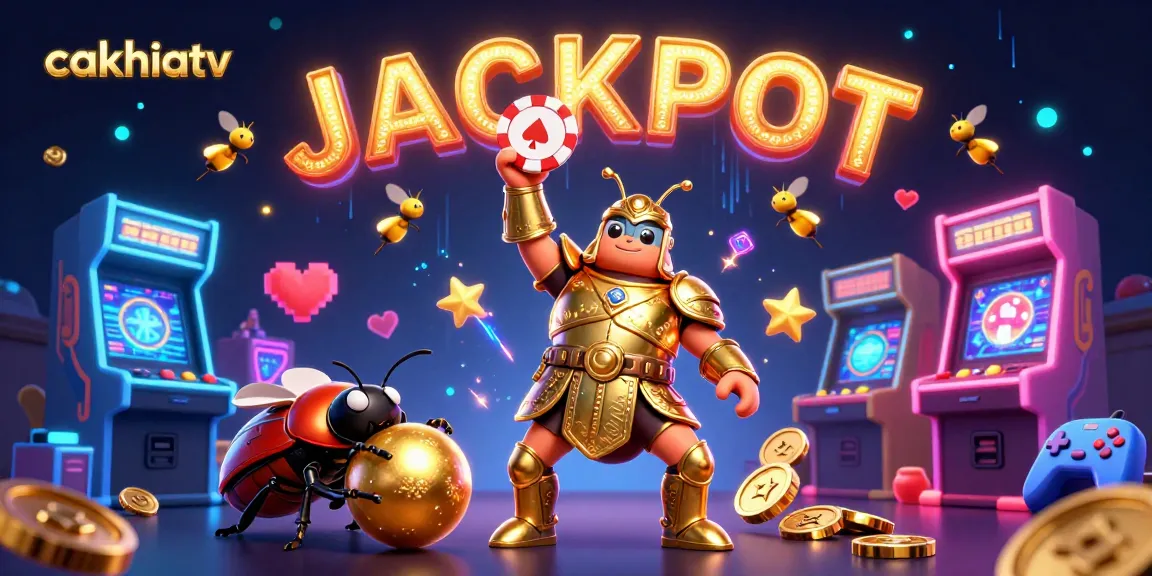 CakhiaTV showcases a captivating 3D scene with a victorious beetle character and vibrant gaming elements, emphasizing engaging casino experiences.