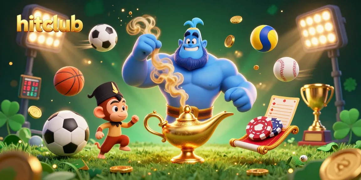 Engage with hitclub's vibrant sports betting world in this detailed illustration featuring a genie, monkey, and poker chips.