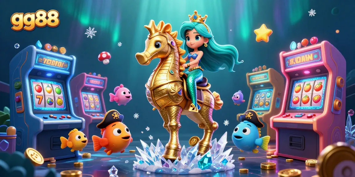 Experience thrilling action at gg88 with a 3D cartoon mermaid riding a seahorse in a vibrant casino scene.