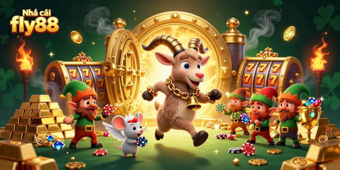 Nhà cái fly88 showcases a festive casino scene with Krampus, a mouse, and gremlins stealing chips.