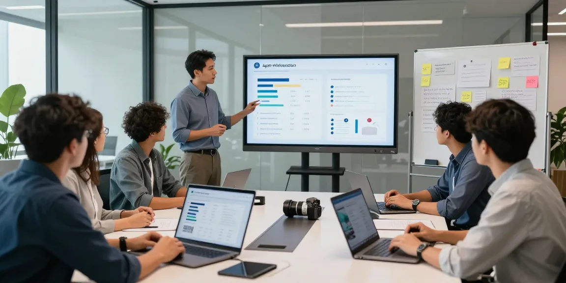 Team discussing an age verification system in a modern tech workspace, showcasing collaboration and technology.