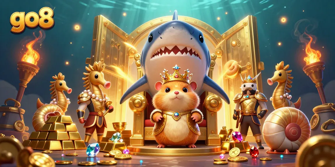 Experience thrilling wins at go8 with the golden hamster king in a majestic casino scene.