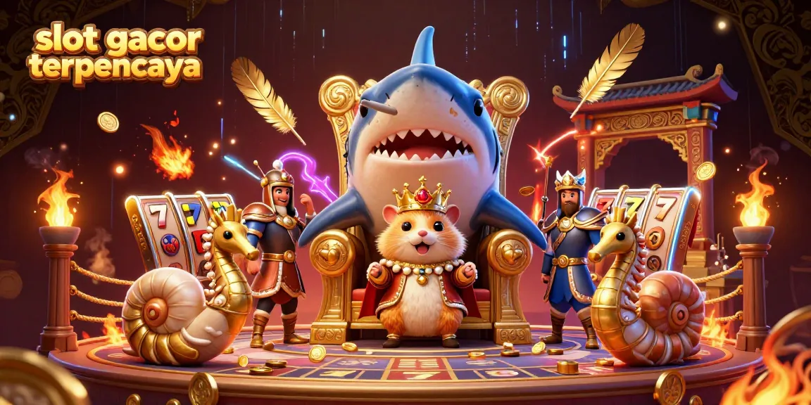 Engage in the vibrant world of slot gacor terpercaya with a golden hamster king and seahorse guards amidst a dynamic gaming scene.