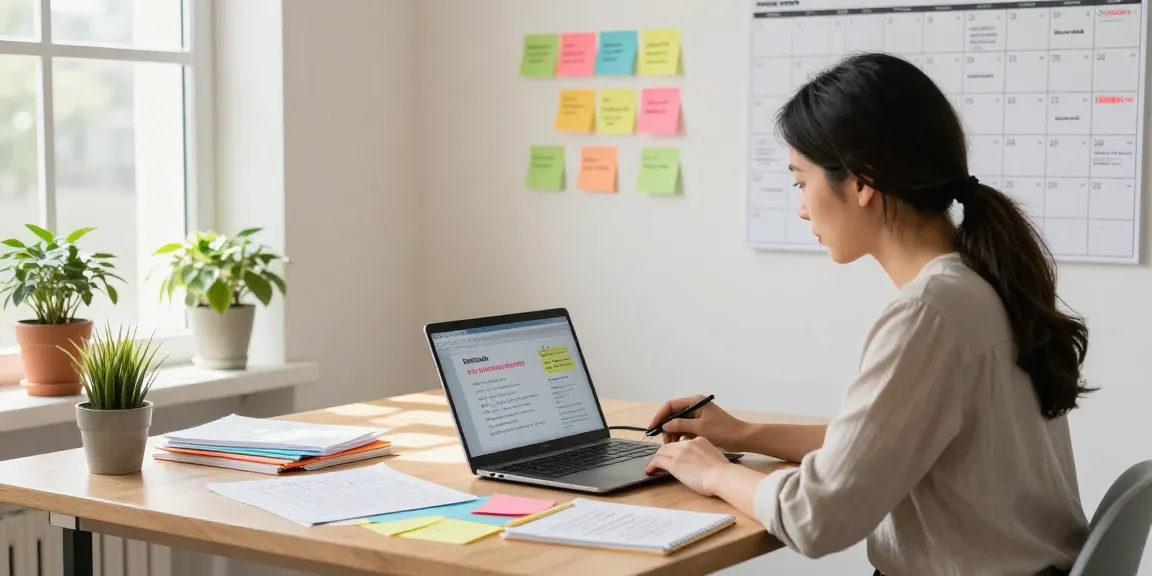 Teacher using EMStudio online teacher planner in a bright workspace filled with lesson materials and natural light.