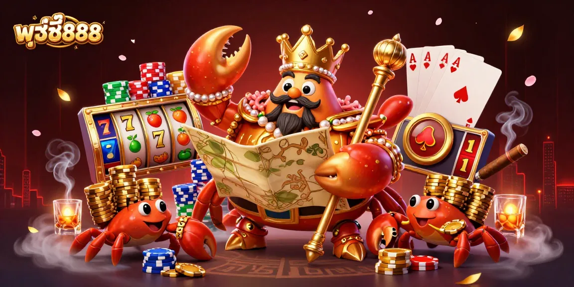 Experience the vibrant world of พุซซี่888 with a golden crab emperor leading winning plays at the slots.