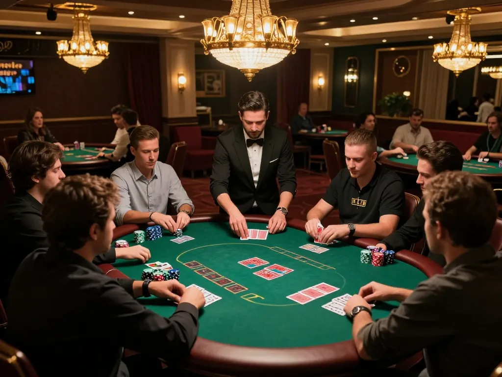 MM88 players engaged in intense poker game showcasing strategic gameplay and luxurious casino atmosphere