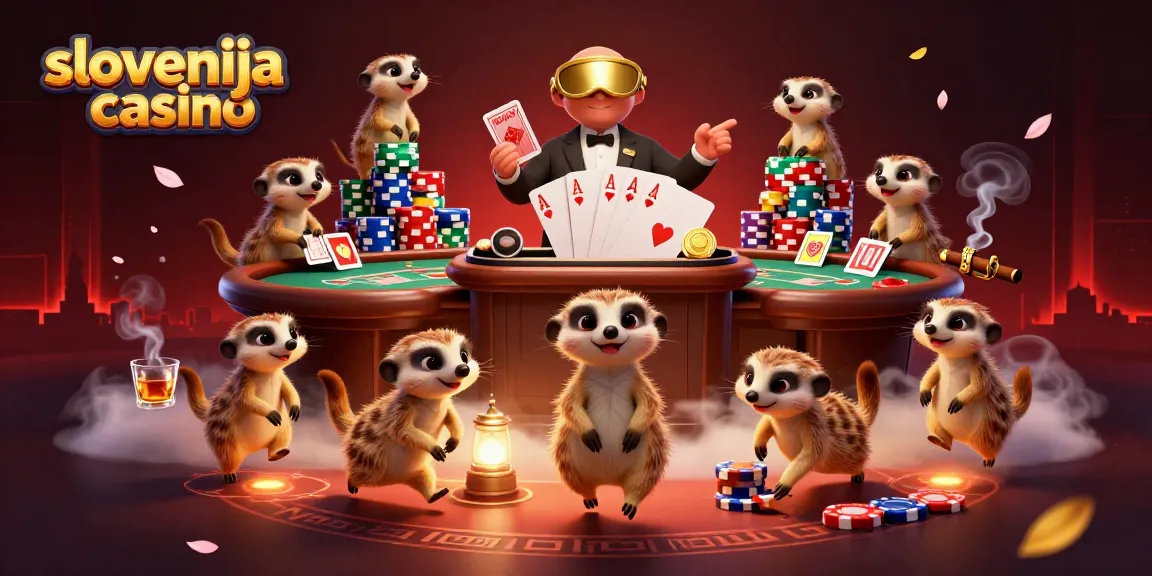Prijazna scena slovenija casino z meerkatami, ki vodijo igro in se zabavajo.
