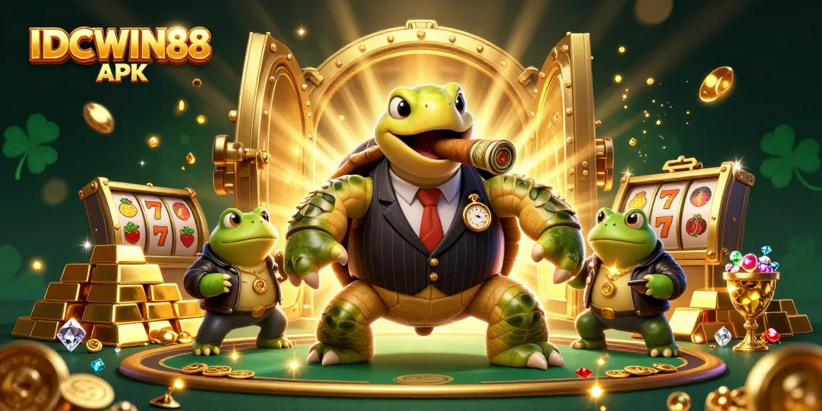 Spin big wins with IDCWIN88 APK featuring a cartoon turtle mobster in a rich casino setting.