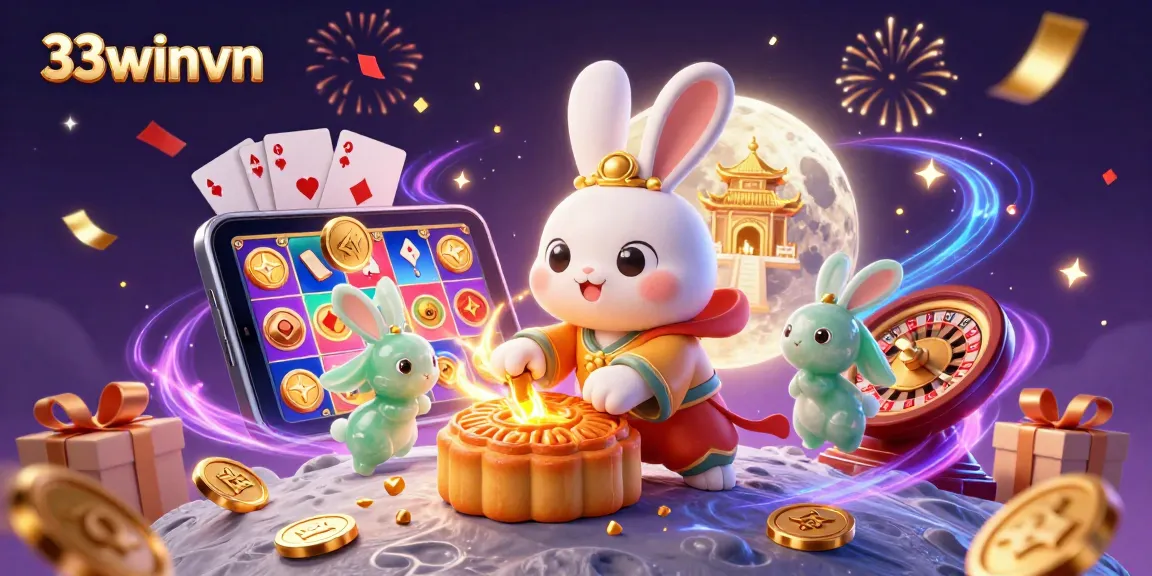 Engage with 33winvn as lucky moon rabbits reveal poker chips amidst a vibrant casino scene.