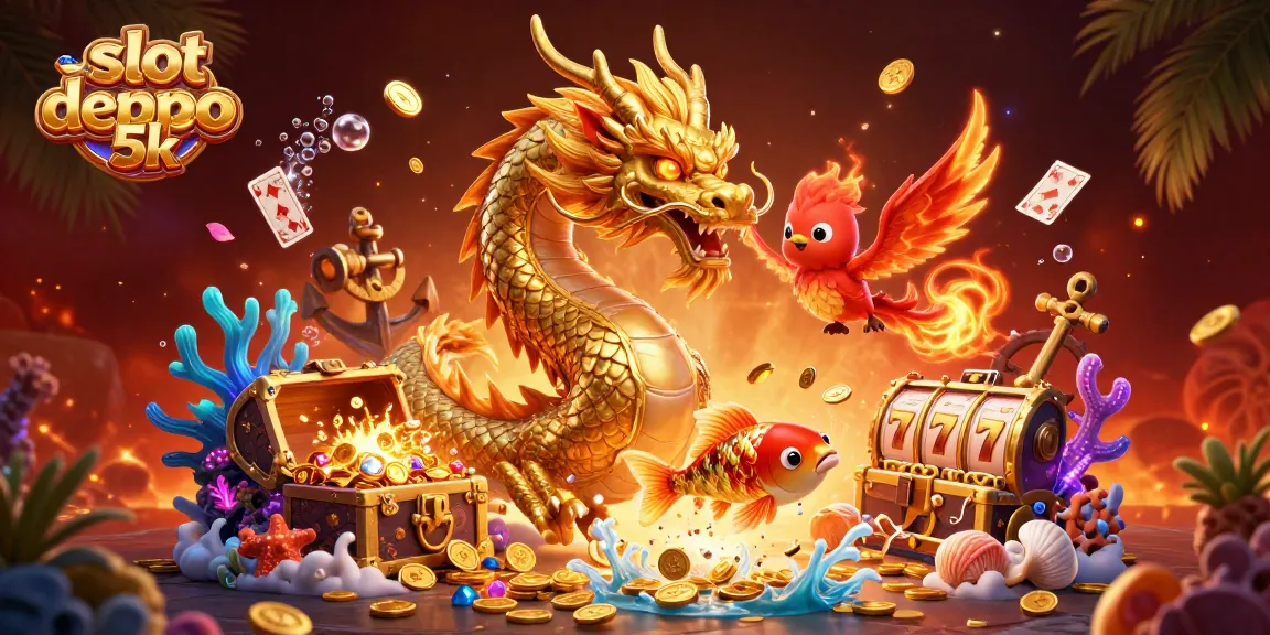 Experience the thrill of slot depo 5k with golden dragon, phoenix, and koi fish amidst vibrant gaming elements.