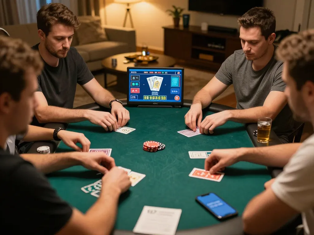Players enjoying keonhacaii online poker while focusing on their strategies in a cozy home setup.