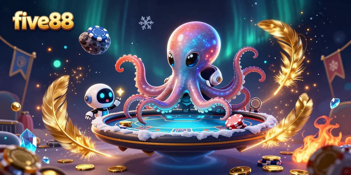 Engage with five88's thrilling poker game featuring an alien octopus and vibrant casino elements.