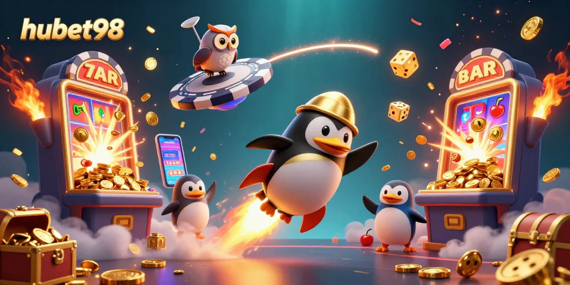 Engaging gaming experience with hubet98 golden penguin soaring toward a jackpot explosion in a vibrant casino scene.