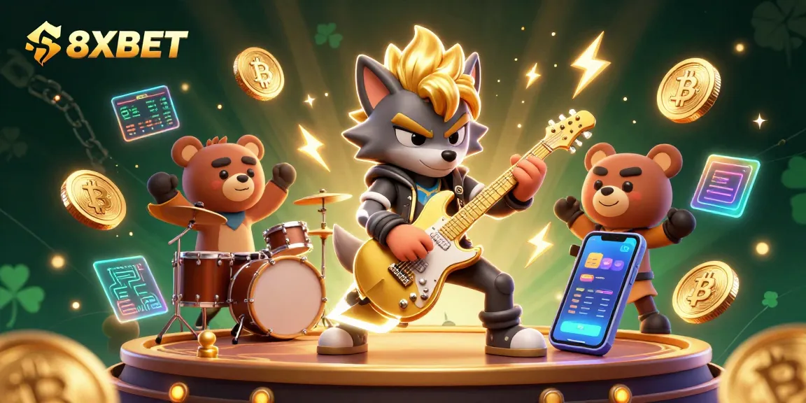 Experience thrilling gaming with 8XBET as a wolf rock star and a bear drummer rock the casino!