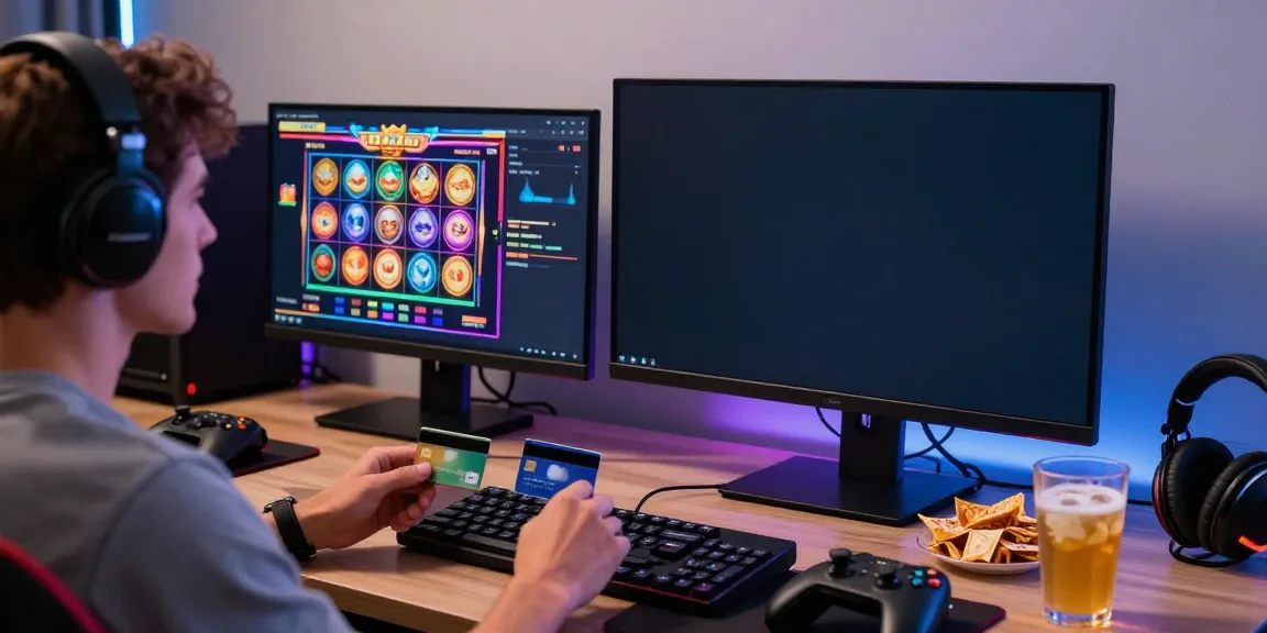 Engaged player spinning slots that accept credit cards in a cozy gaming setup, highlighting modern gaming equipment and colorful slot visuals.
