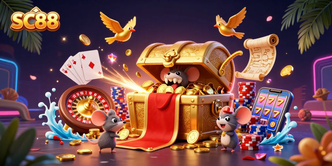 Engage with SC88's vibrant casino world featuring a treasure chest, bursting coins, and lively game elements.