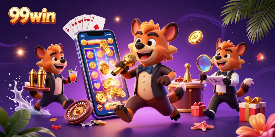 Experience the thrill of casino fun with 99win's vibrant cartoon hyenas in a comedy club scene.