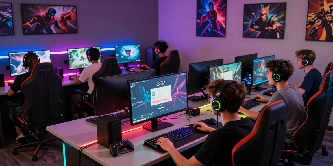 Players engaged in B52 đăng nhập at a modern gaming lounge, showcasing vibrant gaming setups and atmosphere.