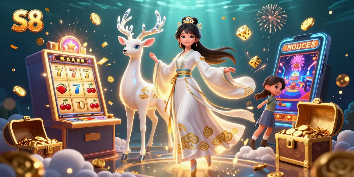 S8 presents a vibrant 3D casino scene with a semi-realistic Asian woman and a celestial deer, capturing dynamic gaming excitement.