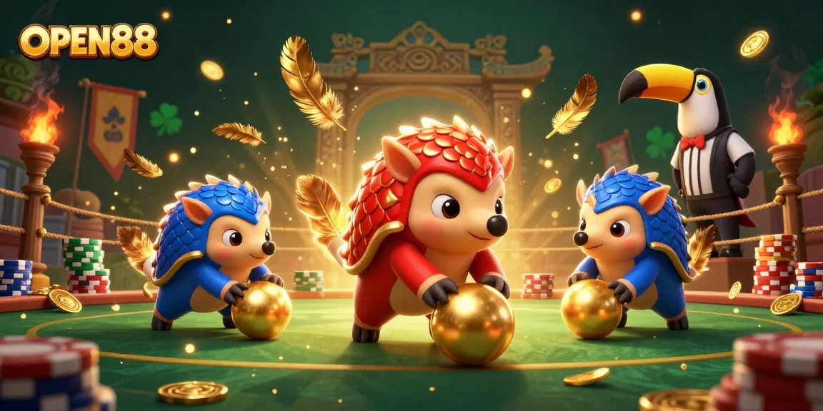 OPEN88 pangolins competing in a vibrant casino scene filled with chips and confetti.
