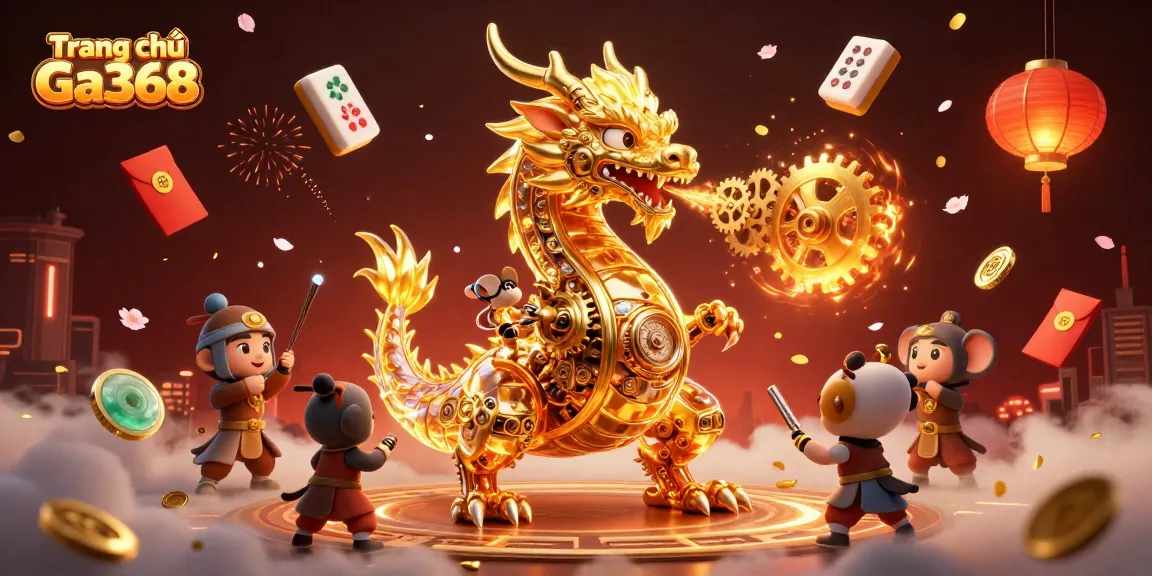 Engaging workplace of Trang chủ Ga368 where a golden dragon breathes gears, symbolizing dynamic gameplay.