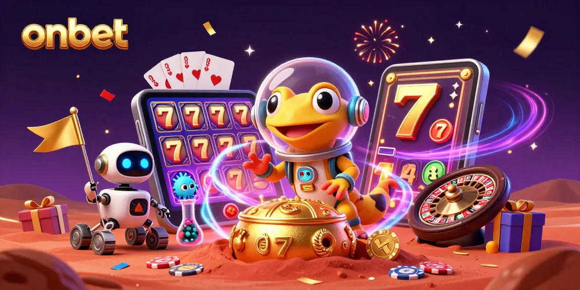 Experience winning at onbet with a Martian gecko discovering a golden casino in an illustrated cosmic scene.