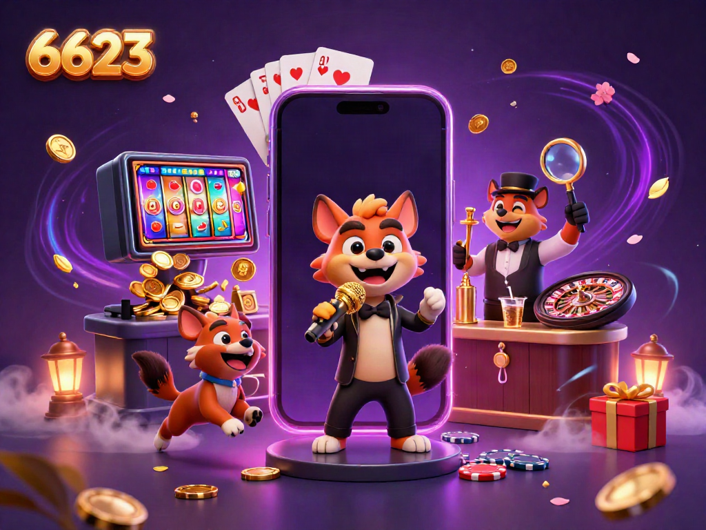 Engaging 3D cartoon scene showcasing the lively characters of 6623 in a comedy casino environment with slot games and vibrant decor