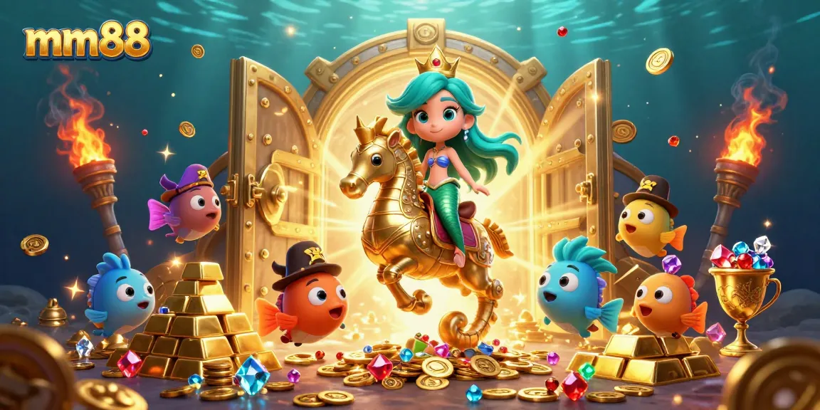 Experience winning moments with mm88's vibrant underwater scene showcasing colorful characters in a thrilling treasure hunt.